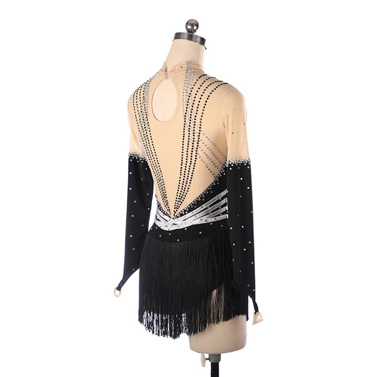 Vestido de Danza Patinaje Hielo para Mujer de Las Mujeres Manga Larga Cuello Alto Pedrería Borla Gimnasia Rítmica Maillot de Patinaje Competición Traje de Baile