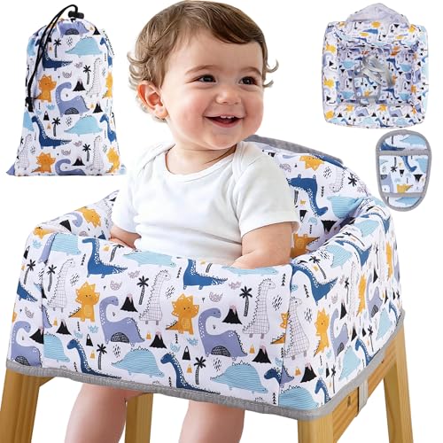 Lunobubo High Chair Cover Portable with 3-Point Harness Waterproof Baby Seat Cover for Restaurant Travel Home Use Machine Washable Fits Wooden Chairs (Colorful Dinosaurs)