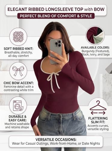 Image of Black Slim Fit Scoop Neck Top, Long Sleeves Top for Women,Front Knot Top