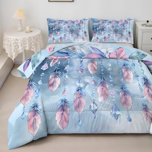 SYHIEGO Edredón doble de plumas rosas y flores, edredón azul sin funda, edredón de microfibra para todas las estaciones, edredón reversible con 2 fundas de almohada, edredones lavables dobles de 200 x