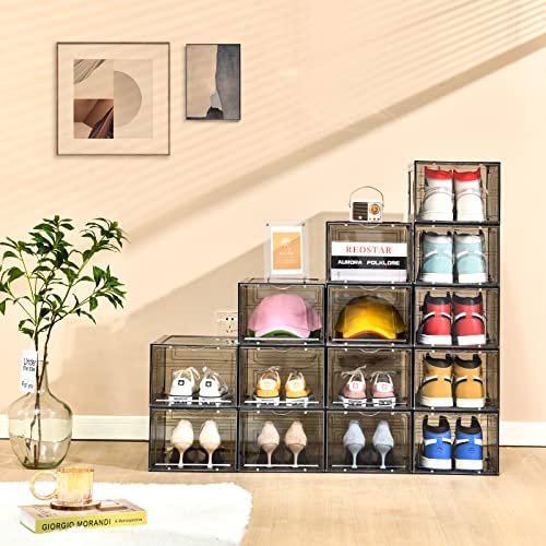 Image of Clemate 8 Pack Shoe Storage Boxes, Clear Plastic Stackable Shoe Organizer for Closet, Shoe Box with Magnetic Door, Foldable Shoe Storage Bin, Sneaker Storage Box Shoe Rack Container Bin Holder (Gray)
