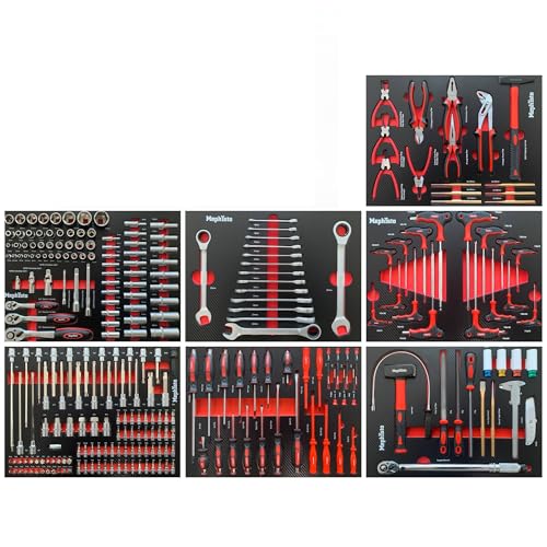 Mephisto 7 Werkzeugwageneinlagen Set mit Werkzeug wie Ratschen- Set, Ratschenringmaulschlüssel, Ringschlüssel mit Ratsche Funktion, Knarrenschlüssel, metrisch, in Soft Inlay mit Carbon Lock