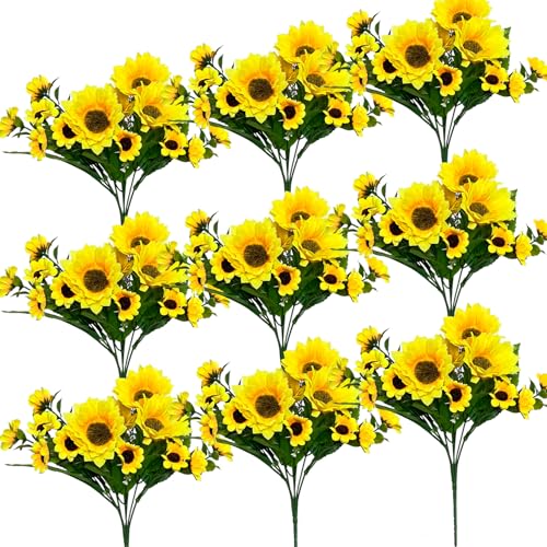 JIYANMEI 8Pack Artificial Sunflowers with Stems for Indoor Outdoor 12 inch Fake Silk Sunflower with 13 Sunflower Heads and 27 Green Leaves Decor Home Wedding Party Office (8Pack)