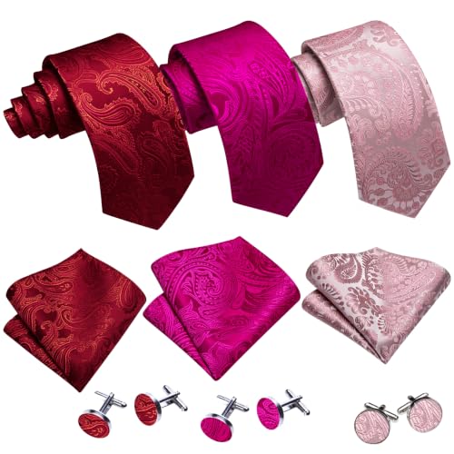Image of Barry.Wang 6 PCS Men Ties Set Silk Business Fashion Woven Necktie Handkerchief Cufflinks Paisley Stripe Wedding Party