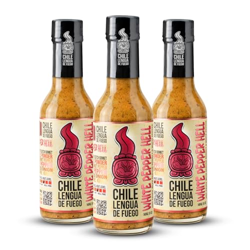 Image of Chile Lengua de Fuego White Pepper Hell - Scotch Bonnet & White Pepper Hot Sauce, Smoky Herbal Gourmet Heat, 5 oz Bottle (Pack of 3)
