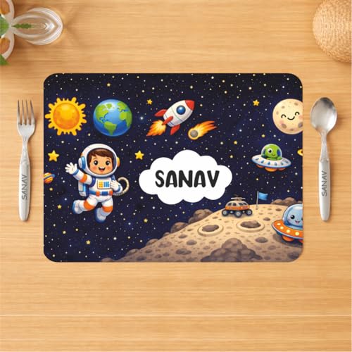 Image of Customized Table Mat with Name & Design Engraving | Personalized Dining Mat with Spoon & Fork | Customized Birthday Gift for Kids (Space)