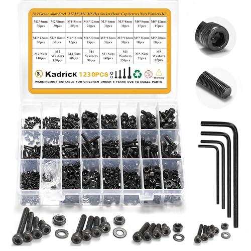 Image of Kadrick M2 M3 M4 M5 Screws Nuts and Washers Assortment, Grade 12.9 Alloy Steel, Hex Socket Head Cap Metric Bolts and Nuts Kit, Black Zinc Palted,Anti Rust Upgrade