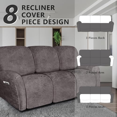 Image of molasofa Recliner Sofa Covers - Leather Like Recliner Sofa 3 Seater Recliner Couch Covers for 3 Cushion Couch 8 Pieces Washable Stretch Reclining Sofa Slipcovers (Khaki)