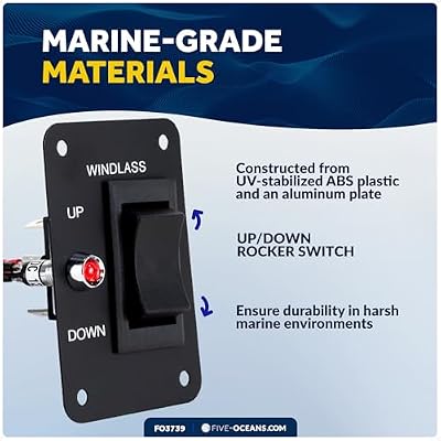 Five Oceans Rocker Boat Anchor Windlass Switch, Controlling Up/Down Function of Boat Anchor Windlasses, Waterproof, 12 Volts, SPDT 3-Terminal Switch, Stainless Steel Plate - FO3739