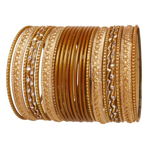 Touchstone Indian Metal Bangles for Women Gold Alloy Bracelets desi 2 Dozen Bangle Collection Bollywood Women's Jewelry Set Multi Stacking Wide Chunky Textured Golden Set of 24 in Gold or White Tone
