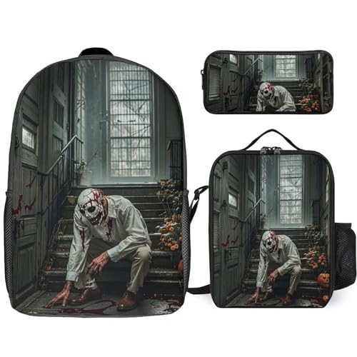 3 Piece Backpack for Women Men Lightweight Causal Daypack Shoulder Bag Set with Insulated Lunch Bag And Pencil Case Organizers Halloween Horror Theme