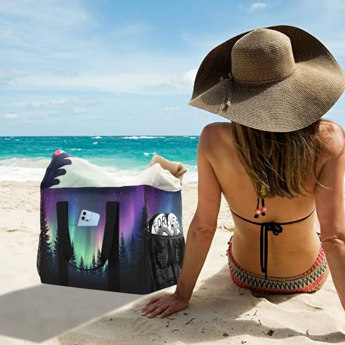 Large Waterproof Travel Tote Bag for Women Men, Aurora Borealis Forest Galaxy Canvas Beach Bag with Lining & Pockets - Reusable Grocery/Laundry/Kitchen/Pool/Picnic Tote (15.4x9.8x12.8in) 6