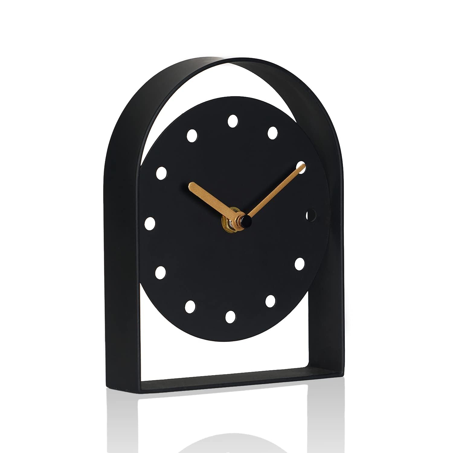 Reloj de mesa minimalista negro con marco arqueado continuo y segundero silencioso a pilas