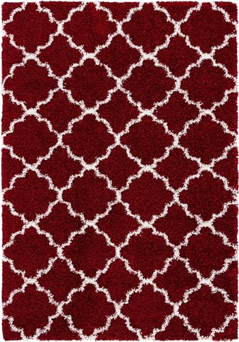 Image of Naze Modern Geometric Area Rug, Shag Texture, Multi-Colour Pattern DGN with Extra Softness and Smooth, Silky Feel, for Living Room Carpet, Etc.clr-DGN (RED & IVERY M III),1, Size 1.5x4 feet