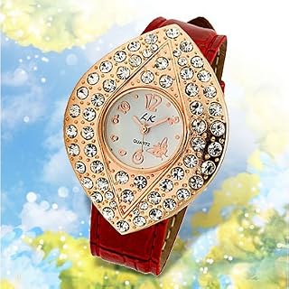 Qtqgoitem Red Leather Leaf Shaped Shiny Dial Rhinestone Lady's Watch (Model: eac 426 bb4 9a9 0fe)