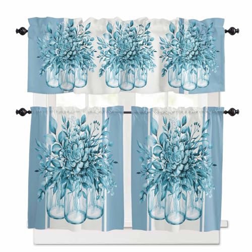 Eucalyptus Aqua Kitchen Curtains 24 Inch Length, 3 Piece Rod Pocket Small Half Tiers and Valance Set, Stripes Bottle Flower Cactus Plant Small Large Window Treatment Decor for Bedroom/Bathroom Sink