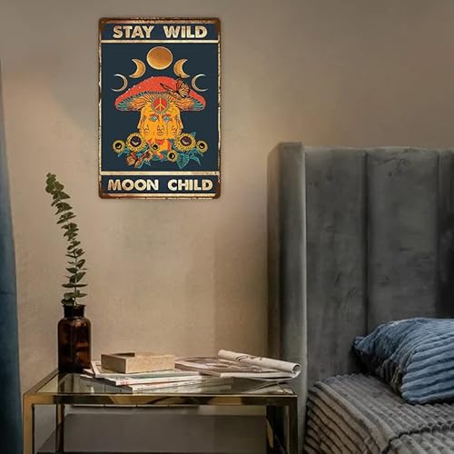Hippie Tin Sign Retro Sunflower Funny Mushroom Anti War Sign Stay Wild Moon Child Flower Metal Poster Iron Painting Plaque Wall Decor For Bedroom Bathroom Bar Living Room Wall Decor 8X12 Inch #TOP4