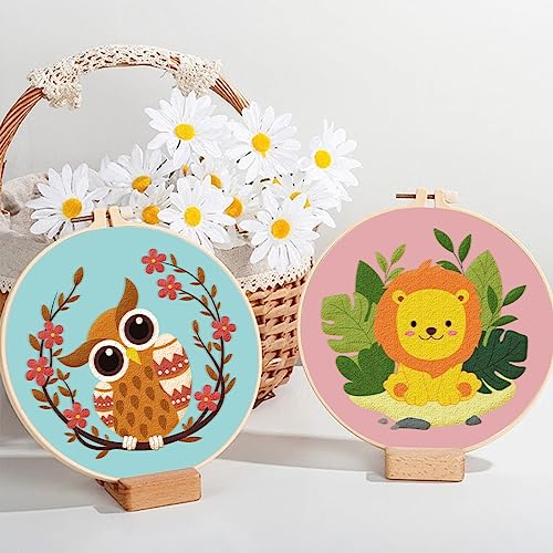 Image of ORIGACH 4 Pack Animals Embroidery Kits for Beginners, DIY Starter Hand Embroidery Kit with Cartoon Owl Butterfly Cat Lion Patterns and Instructions for Adults Women Crafting