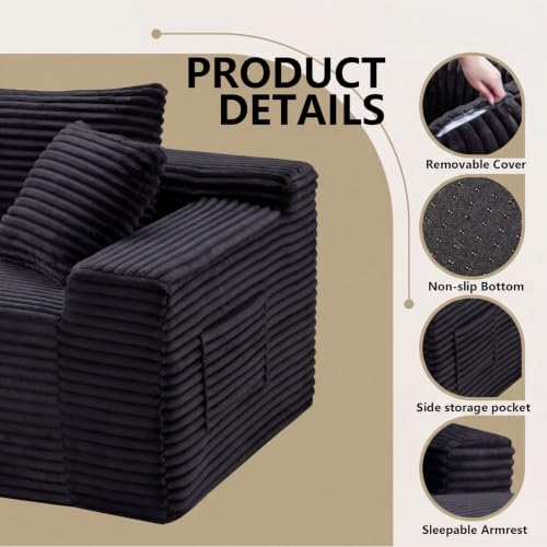 Image of 94.5 inch L Shaped Boneless Sectional Corduroy Couches for Living Room (Black)