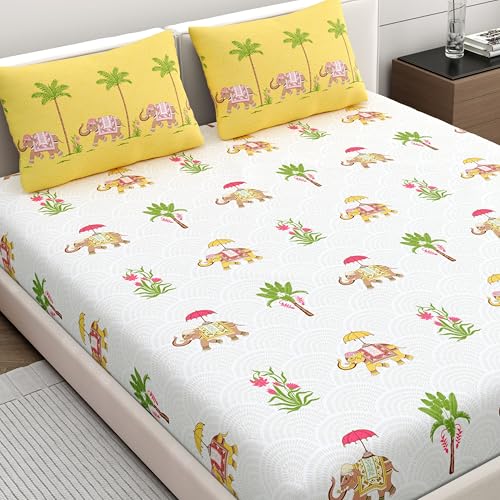 Image of Home Ecstasy 100% Cotton Double Bedsheet with 2 Pillow Covers - (Size 87 x 94 inches, 140 TC, Colour - Yellow: Daffodil)