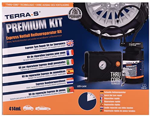 TERRA-S T56003 Premium Kit de combinación de inflador y sellador de neumáticos con Inserto automático para una reparación rápida de Emergencia