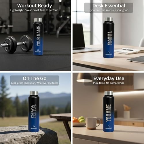 Image of Speedex Customised Engraved Name Stainless Steel Water Bottle 1 Ltr - Personalised Screw Cap Bottle for Kids, Men & Women, School, Office, Gym, Black Blue, Set of 1