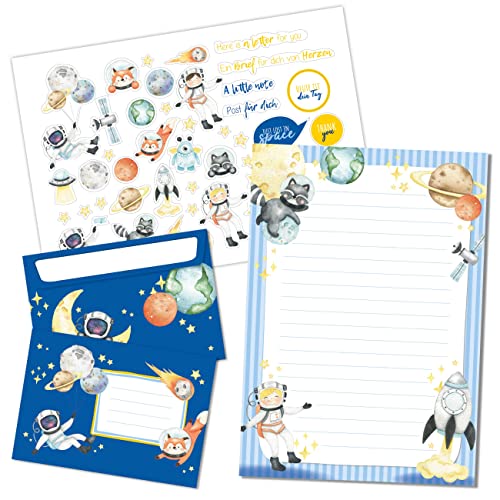 Papierdrachen Briefblock Set - 50 bunt bedruckte Briefbögen - Briefpapier mit Stickerbogen - 20 bedruckte Umschläge - Geschenkidee für Kinder - Astronauten
