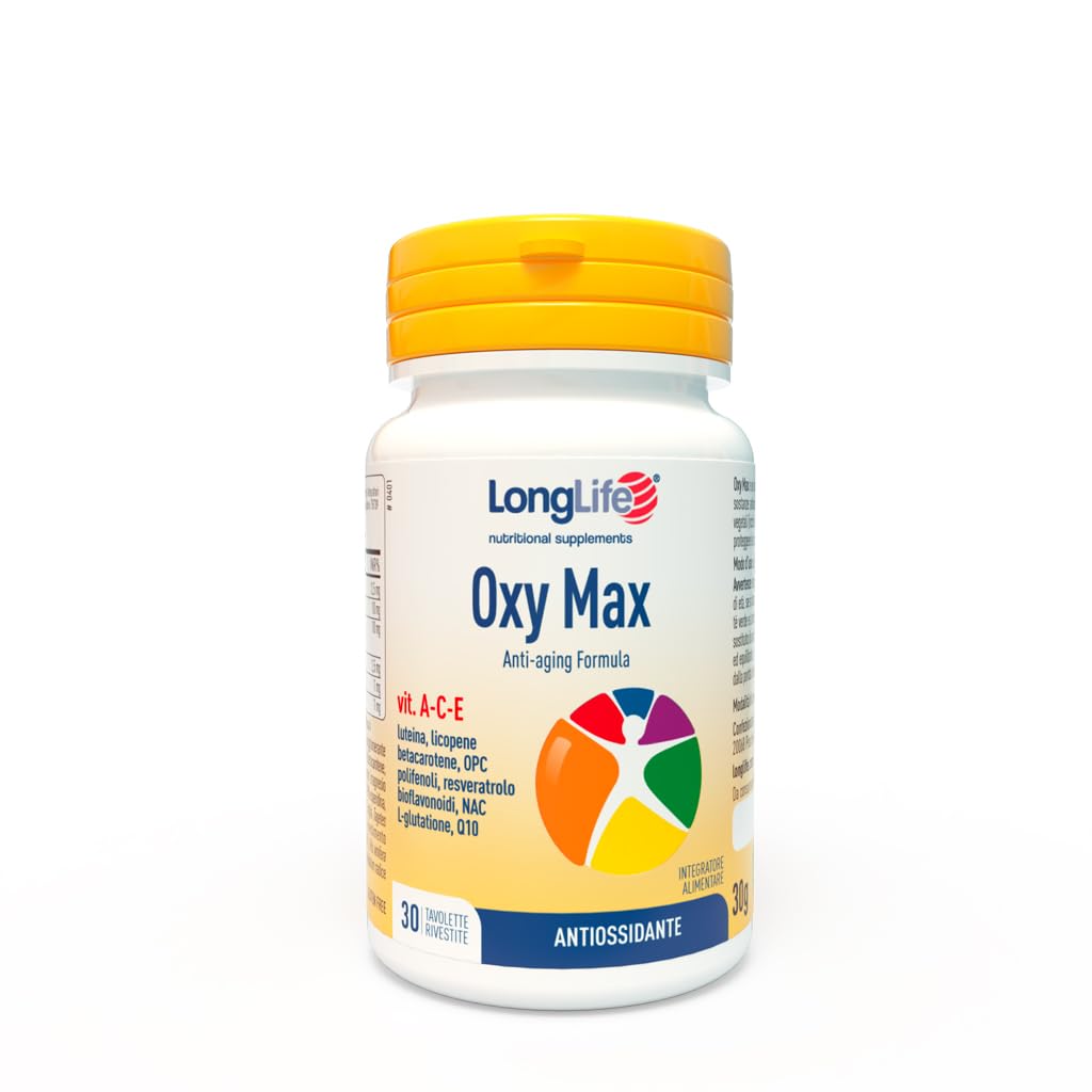 LongLife® Oxy Max | Selenio e vitamine A-C-E | Con luteina, licopene, betacarotene, OPC, resveratrolo, bioflavonoidi, NAC, L-glutatione e Q10 | Antiossidante | 30 tavolette | Vegano e senza glutine