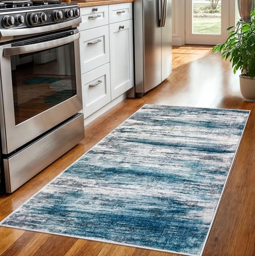 KOZYFLY 3x5 Area Rug Modern Ombre Rug for Bedroom, Washable Rug Non-Slip Soft Striped Living Room Area Rug, Print Distressed Blue Abstract Carpet for Laundry Nursery