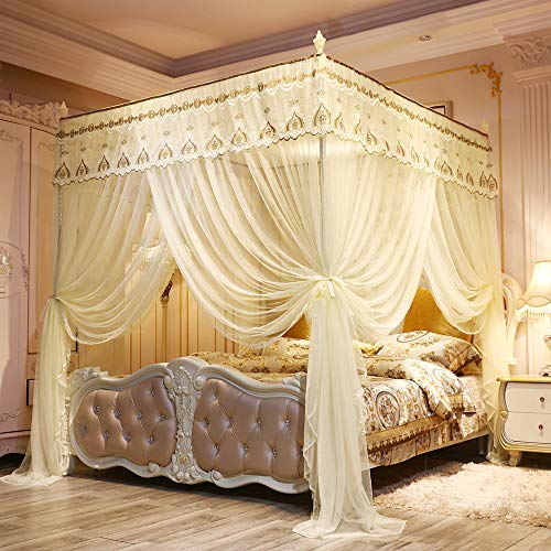 JQWUPUP Elegant Bed Curtains Canopy, Embroidery Lace 4 Corner Post Mosquito Net, Princess