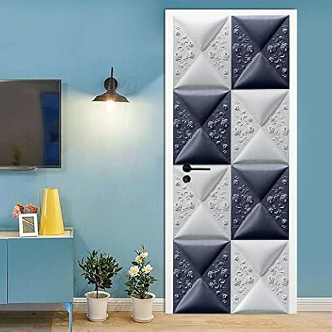 A.Monamour Pegatinas Decorativas de Puerta Autoadhesivo 3D Azulejos Florales Geométricos Blancos Negros Cover