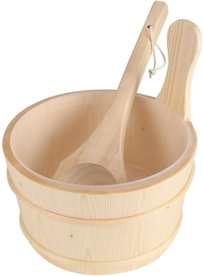 Wooden Sauna Bucket and Ladle Kit, Handmade Sauna Accessories with Liner for Steam Room, Bathroom, SPA