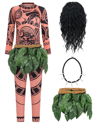 ZFQI Adult Halloween Costumes Men Printed Shirt Pants with Leaf Belt Black Wig Necklace for Ocean Theme Party Dress Up ZF029-L