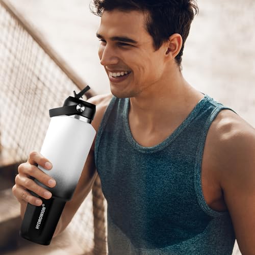 Image of HYDROWION 40 oz Insulated Water Bottle, Car Water Bottle Holder - Double Wall Vacuum Insulated Travel Bottle with Straw Lid, Spout Lid and Flex Cap - Cold for 24H, Hot for 12H, Blue - Panda