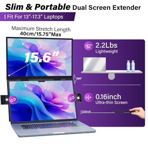 Image of 15.6 inch Laptop Screen Extender, FHD IPS Vertical Portable Dual Monitor, 0.16 inch Ultra-Slim One-Cable Plug & Play Travel Monitor Above Laptop Screen for 13-17 inch Laptops Compatible with Win /Mac /Android