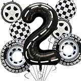 YWQIPABA Race Car 2nd Birthday Party Balloons, 40 Inch Mylar Foil Racetrack Number 2 Balloon Black for Boys Two Fast Birthday Decorations,Race Car Theme Party Decorations Supplies 7 Pcs