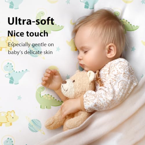Image of Baby Crib Sheets for Boys and Girls, 3 Pack Toddler Bed Sheets for 52 inchx28 inch Standard Toddler Mattresses, Soft Microfiber Fitted Crib Sheets Neutral Green Dinosaur Planet