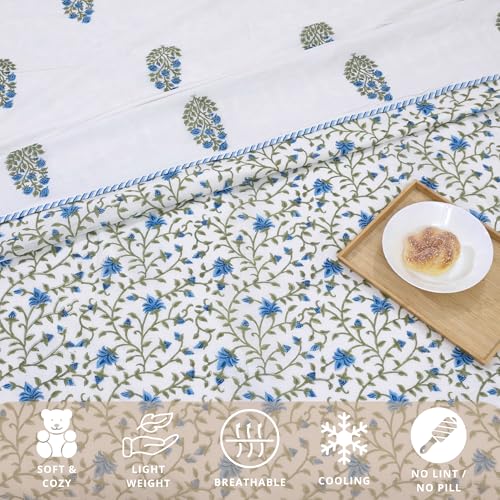 Image of TOAIArt Premium Jaipuri Dohar | AC Blanket Summer Quilt | Hand Block Printed | 3 Layers | Reversible | 150GSM 100% Mulmul Cotton | 100% Cotton Flannel Filling | Single 60 inch X 90 inch |White Blue Florals