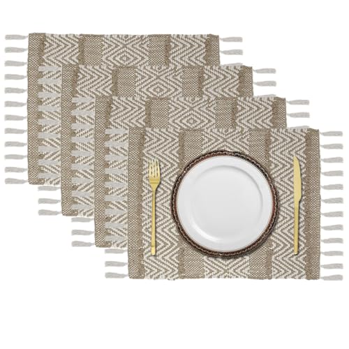 Image of Luxe Home Cotton Table Placemats with Runner Set for Dining Table 4 Seater Rectangular Woven Mats with Tassels (Placemats 66x33 cm + Runner 180x33 cm) - Beige