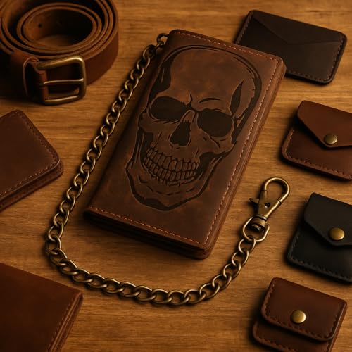 Biker Skull Chain Wallet RFID Signal Blocking Men's Vintage Leather Long Tri-fold Chain Checkbook Card ID Wallet (Skull Brown)4