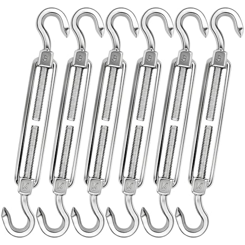 yofit 6 Inch Turnbuckle, 6 Pcs Shade Sail Hardware with Stainless Steel Turnbuckles Kit Hook and Hook Turnbuckle Tensioner for Sun Shade Cables Wire Rope Patio Outdoor