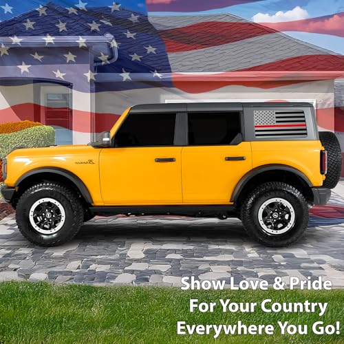 Image of BOGAR TECH DESIGNS Precut Quarter Window American Flag Vinyl Decal Sticker Compatible with Ford Bronco 2021-2026 4 Door, Thin Red Line