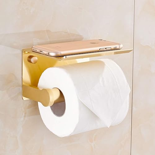 Miniatura 4 de Soporte de papel higiénico, soporte de pared para pañuelos de baño con estante de almacenamiento, autoadhesivo, aluminio (dorado)