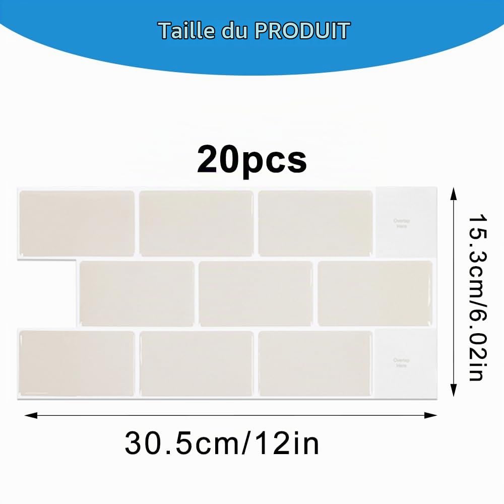 20 Pièces Carrelage Adhesif Mural Cuisine, Carreaux Adhesif Cuisine 30,5x 15,3cm Sticker Carrelage Beige pour Cuisine, Salle de Bain, le Mur, Auto-Adhésif