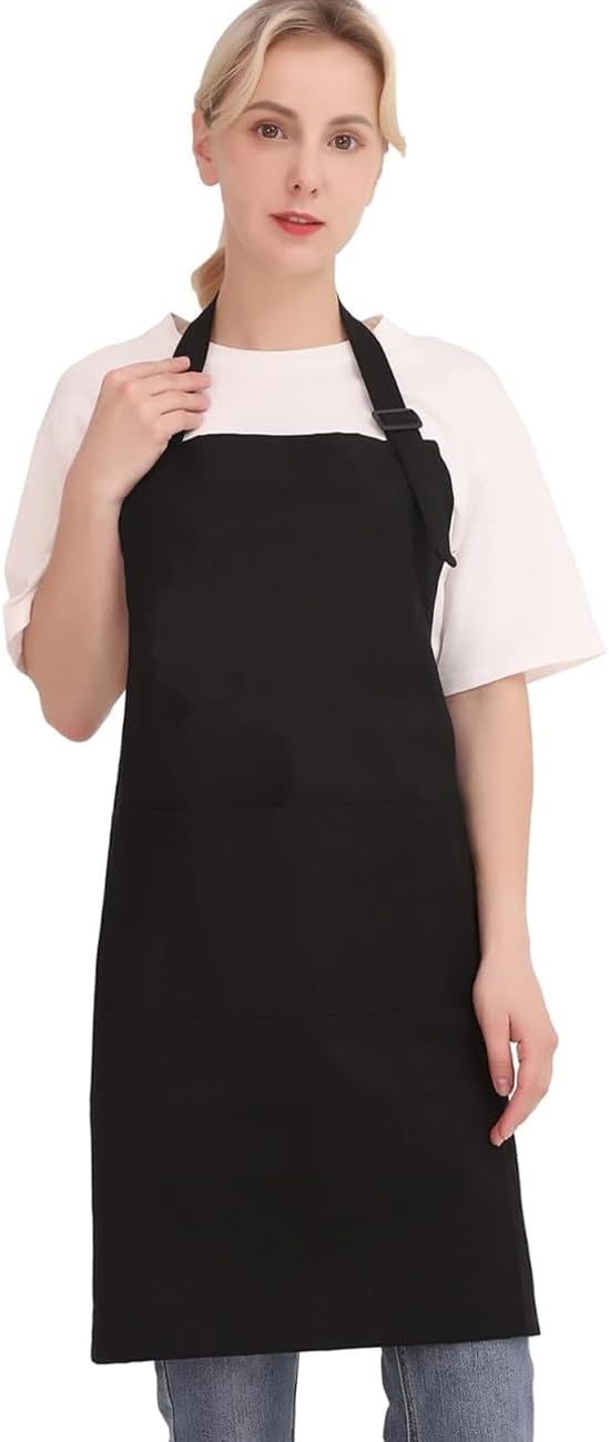 Professional Adjustable Black 100% Cotton Apron with 2 Pockets Cooking Kitchen Chef Women Men Aprons for Home Kitchen, Restaurant, Coffee House, Baking Gardening BBQ