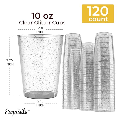 Exquisite Silver Plastic Cups Disposable, Clear Plastic Tumblers 10 Oz. 120 Ct. - Glitter Tumblers, Silver Glitter Cups Disposable For Party, Weddings, Cocktail Glasses & Wine Glasses