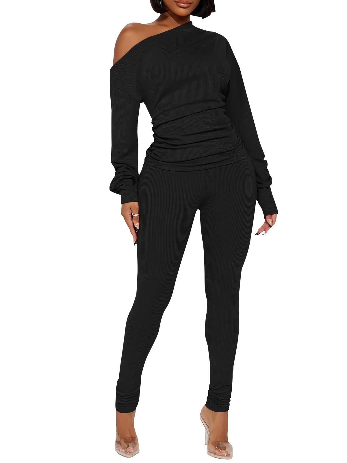 Sexy 2 Piece Outfits for Women One Off Shoulder Tops Ribbed Pant Set Tracksuit Clubwear