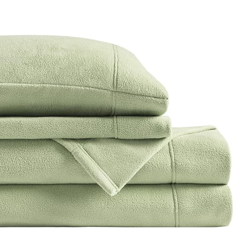 Image of True North by Sleep Philosophy Micro Fleece Bed Sheet Set, Warm, Sheets with 14 inch Deep Pocket, for Cold Season Cozy Sheet-Set, Matching Pillow Case, Twin XL, Green, 3 Piece