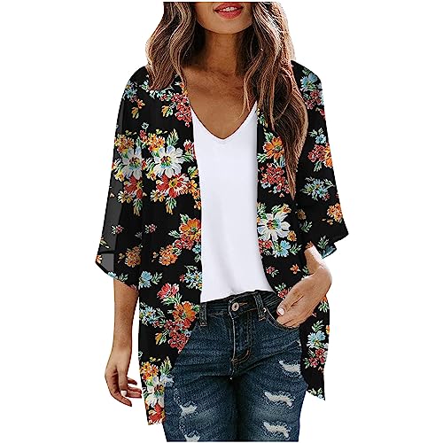 Cárdigan largo para mujer, abrigo de punto ligero, informal, chaqueta de entretiempo de manga larga, con bolsillo, informal, estampado floral, chaqueta de ocio, chaqueta fina, chaqueta para