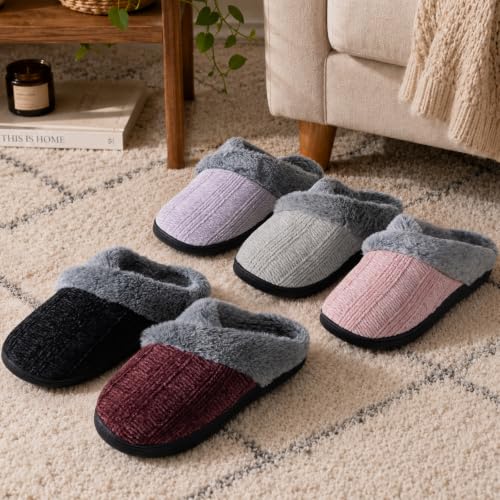 Image of Slippers for Women Fuzzy House Slip on Indoor Outdoor Bedroom Home Shoes | Furry Fleece Lined Ladies Comfy Memory Foam Female Anti-Skid Rubber Hard Sole
